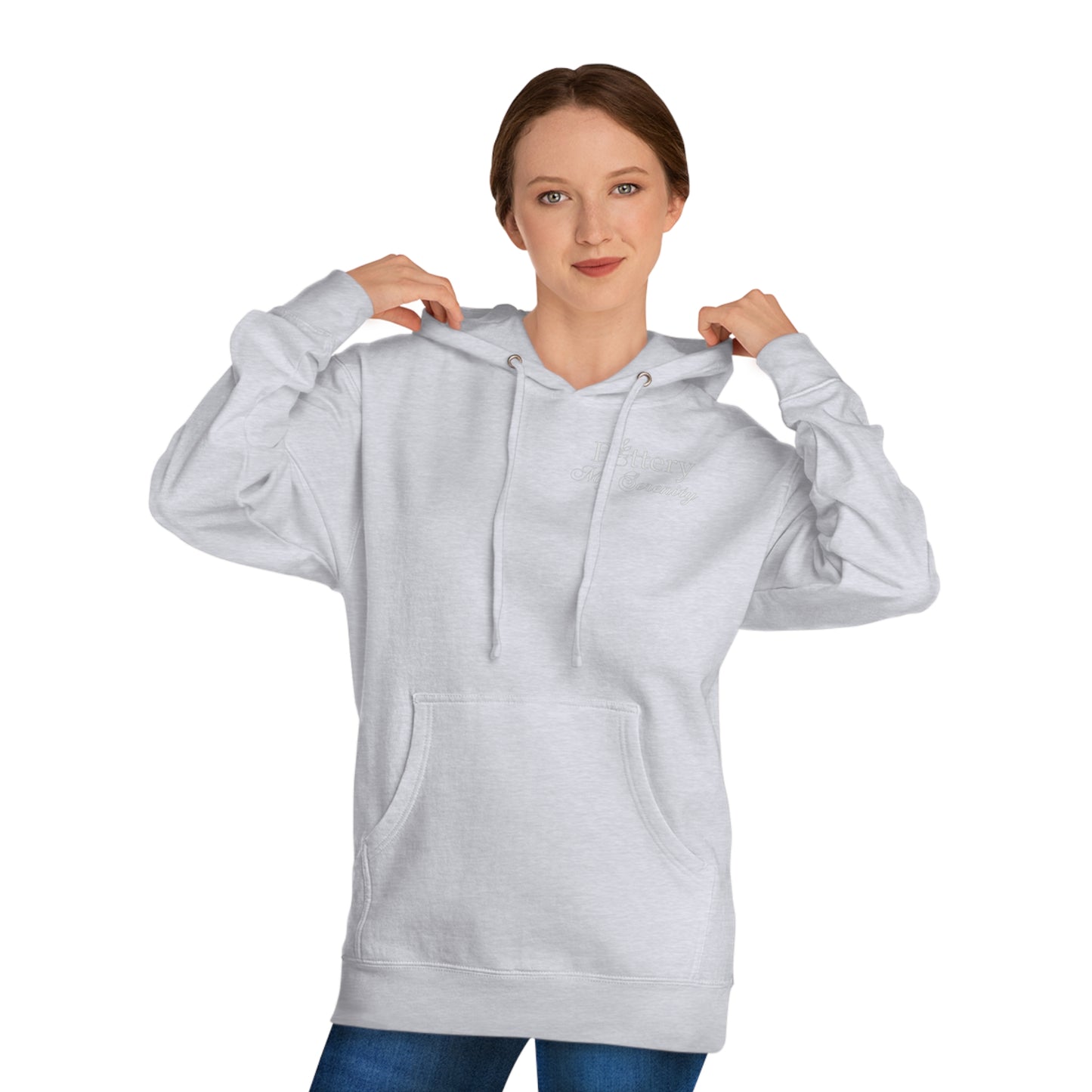 “Pottery My Serenity” White Pocket Text Hooded Sweatshirt