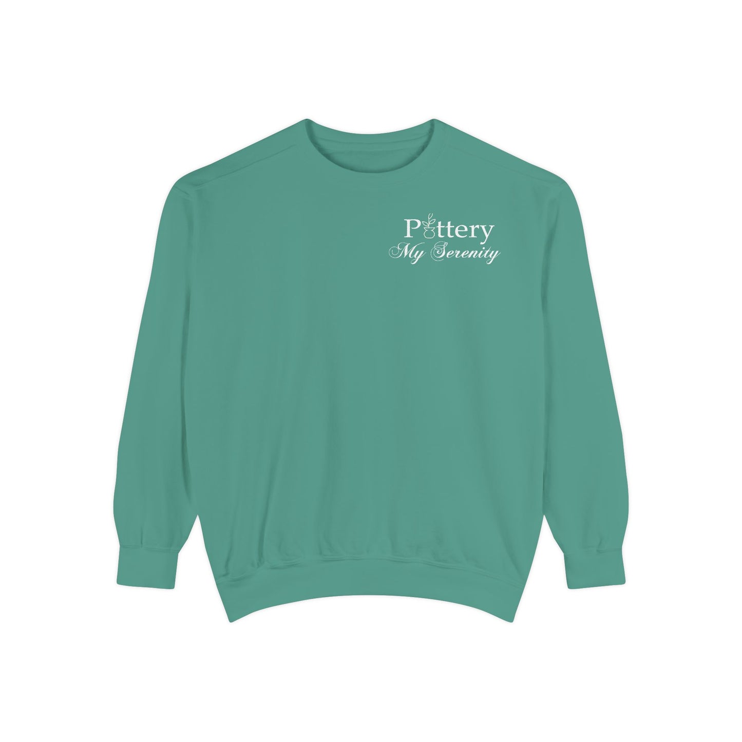 “Pottery My Serenity” White Pocket Text Sweatshirt