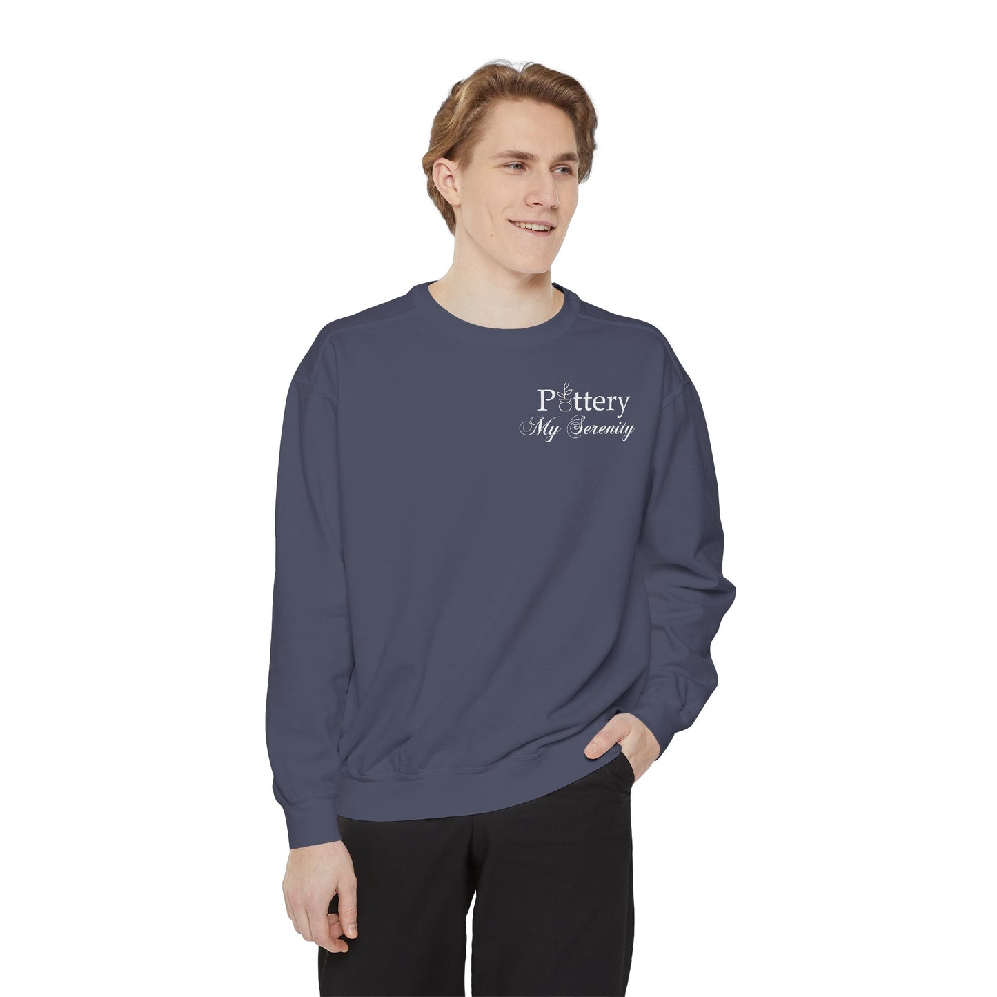 “Pottery My Serenity” White Pocket Text Sweatshirt