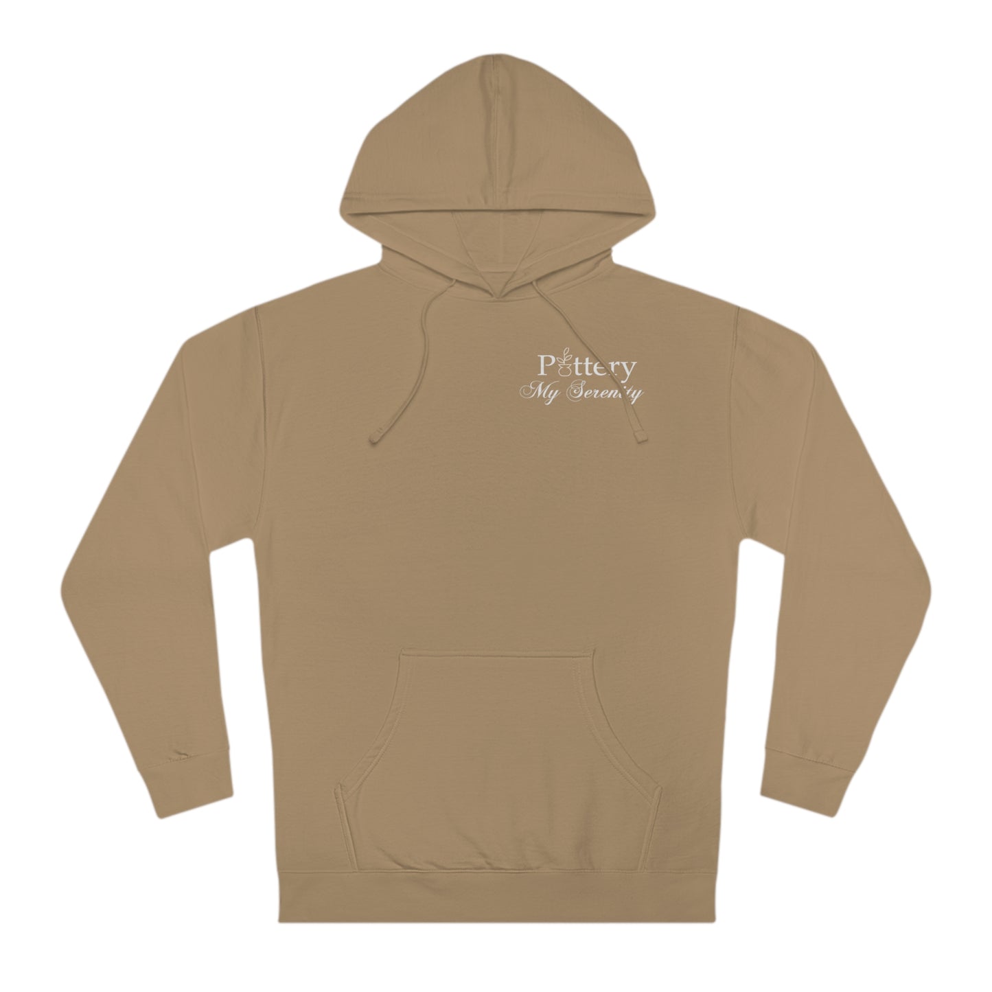 “Pottery My Serenity” White Pocket Text Hooded Sweatshirt