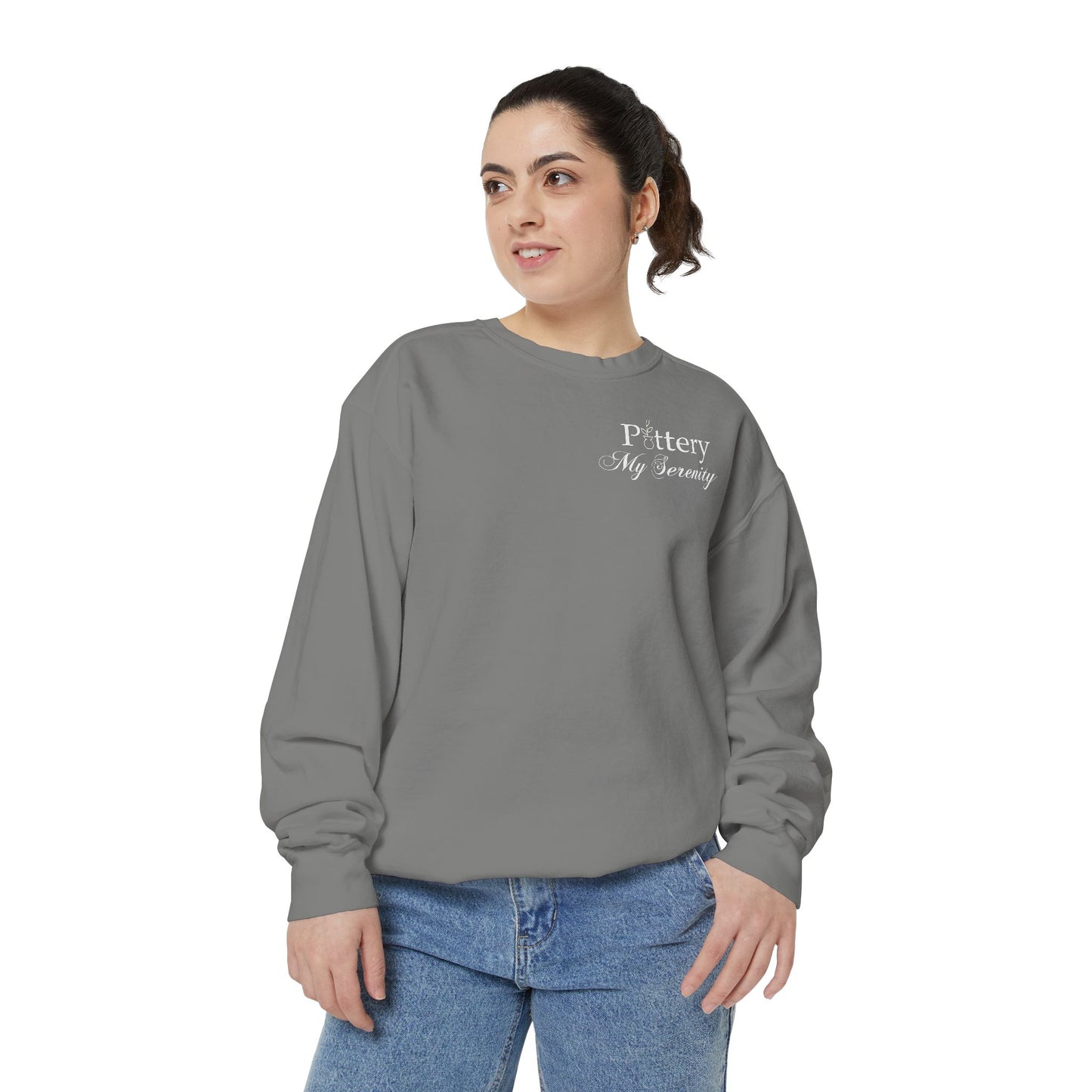 “Pottery My Serenity” White Pocket Text Sweatshirt