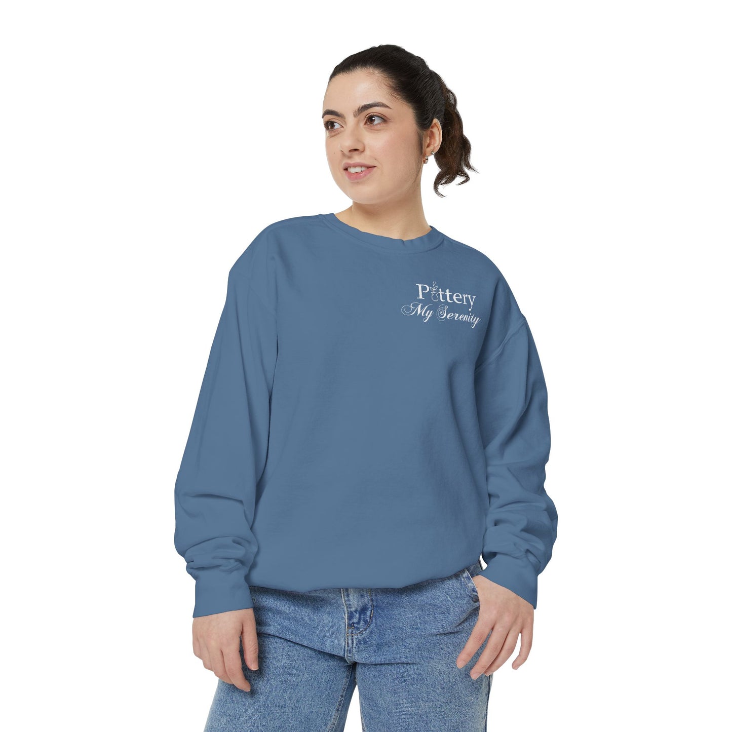 “Pottery My Serenity” White Pocket Text Sweatshirt